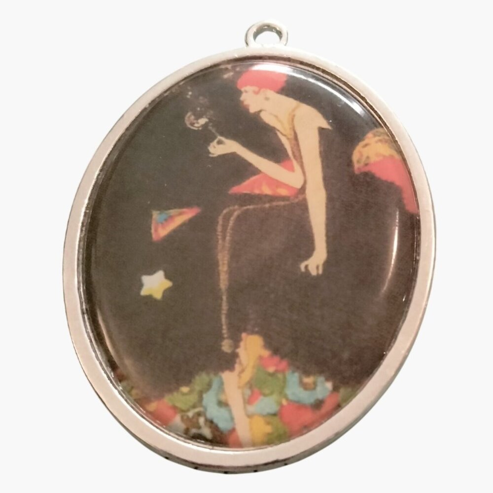 Art Deco Pendant Woman Flapper Silhouette Oval Cameo Cabochon